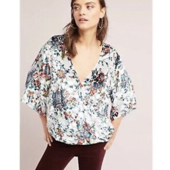 Anthropologie Maeve Umi Burnout Wrap Top Blouse Women Size L Floral - Picture 2 of 16